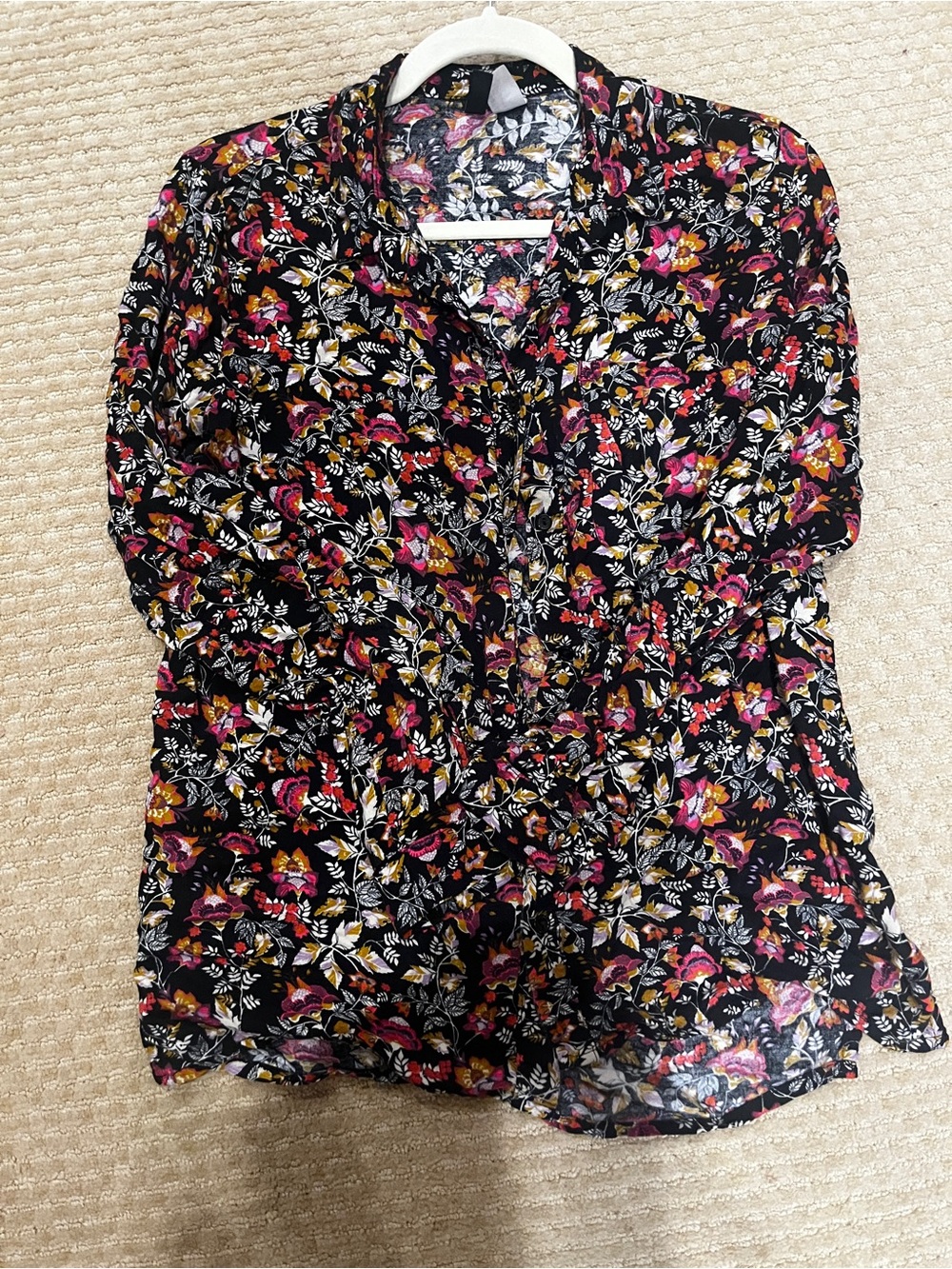H&M Black Autumnal Black Floral Button-Down Shirt with Pink & Yellow Accents
